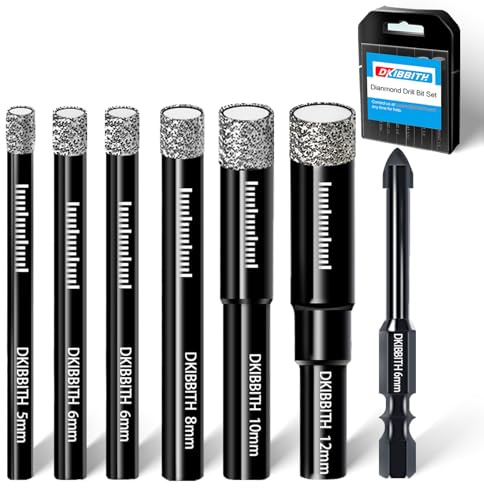 DKIBBITH 7 Pack Dry Diamond Drill Bits & Tile Drill Bits Set for Ceramic, Porcelain, Marble, Granite, Stone, Glass - Round Shank 5mm, 6mm(x2), 8mm, 10mm, 12mm+1 Pack Masonry Drill Bit 6mm.