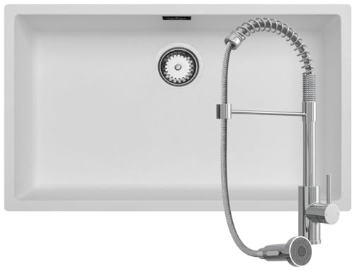 Luquicina LD740WH-LE594CH – Pack fregadero de cocina blanco 1 seno XL sin escurridor + grifo cromo extraíble con muelle y caño alto – Composite BIO, empotrable o bajo encimera, 75 x 45 cm