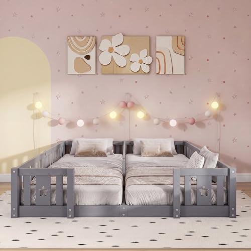 Montessori Kinderbodenbett 90 x 200 cm, Doppelbett mit Sicherheitsbarriere, Montessori Kinderbett aus Massivholz, Kiefer, Spielbett für 2 Kinder, Jungen und Mädchen ohne Lattenrost, Grau