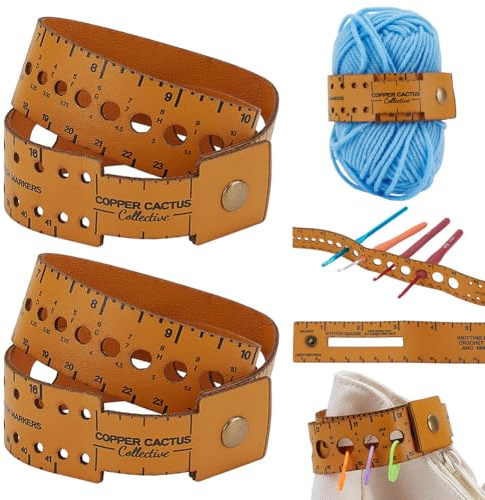 WEBEEDY 2 Pcs 7-in-1 Leather Knitting Measurement Tool Multifunctional Knitting Gauge & Stitch Counter Wrist Ruler Sewing Measuring Tools with Inch CM for Knitting Crochet Supplies Sewing Crafting