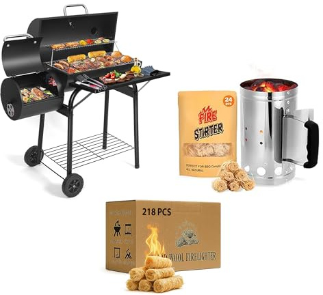 Charcoal BBQ Grill with Offset Smoker + Chimney Starter Kit + 218 Fire Lighters