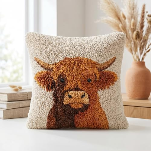 Highland Cow Cushion Latch Hook Kits Adults, Pre-Printed DIY Embroidery Cushion Cover for Adults Beginners, Beginner-Friendly Rug Making Kit for Home Decor & Gifts 17x17in