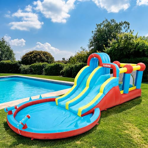 Garvee Inflatable Bouncy Castle with Slide, 7 in 1 Outdoor Indoor Bounce House with 620W Blower, Large Water Park with Dual Racing Slides, Splash Pool, Climbing Wall & Water Cannon for Summer Play
