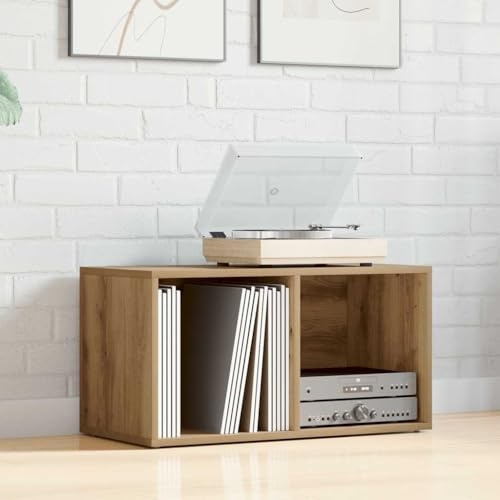 Ordellia Förvaringsbox Artisan ek trämaterial 69,5 x 34 x 36 cm med 2 fack för skivor LP-skivor, förvaringsutrymme, mapp, hylla och hifi-rack för hemmabio