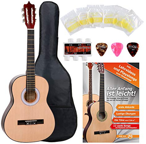 Classic Cantabile Konzertgitarre Starter-Set 3/4 inkl. 5-teiligem | Junior-Series, Decke: Fichte, Boden & Zargen: Linde, Hals & Steg: Ahorn, Sattelbreite: 44 mm, 3/4-Mensur / 59 cm, Plektren