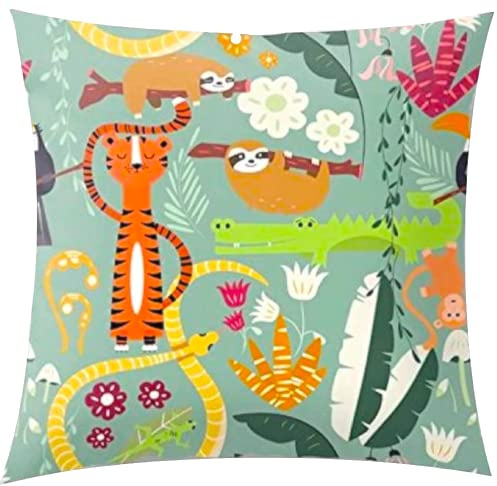 The Beach Stop Decorative Tiger & Sloth Colourful Scatter Cushion Cover | Unique Design Animal Decor | Boys & Girls Bedroom | Gift Idea | 45x45cm 18x18” | Jungle Animals