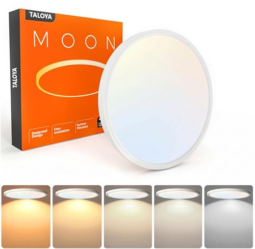 TALOYA Flush Mount 12 Inch Ceiling Light (Milk White Shell), 20W Surface Mount LED Light Fixture for Bedroom Kitchen,5 Color Temperatures in One,0.94 Inch Thickness Round