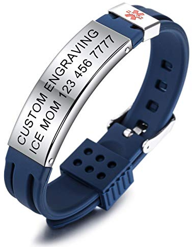 MOWOM Medical Braccialetto Personalizzato con Incisione in Silicone identificativo Regolabile per Uomo Donna Bambini in Acciaio Inossidabile Gomma- (Pacchetto con Carta di Emergenza, Supporto)