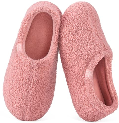 HomeTop Women's Fuzzy Curly Fur Memory Foam Loafer Slippers Bedroom House Shoes with Polar Fleece Lining (7-8, Pink)