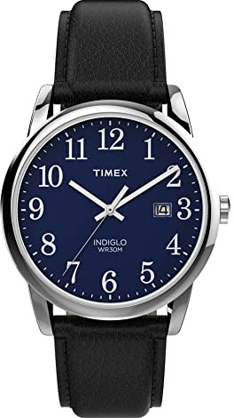 Timex Men's Easy Reader 38mm Watch – Silver-Tone Case Blue Dial with Black Leather Strap