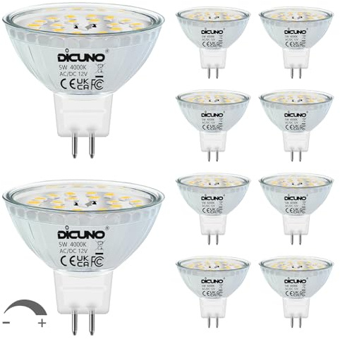 DiCUNO MR16 LED Bulbs Dimmable 50W Halogen Replacement 12V AC/DC 4000K Natural White, 5W GU5.3 Bi-Pin Base Glass Cover 120 Degree Beam Angle 500LM for Spotlights, Track, Landscape Lighting, 10 Packs