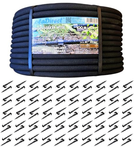 SolaDirect Soaker Hose, Porous Pipe, 100 m / 328 ft Long, Reach Compliant, Water Saving up to 70%, Perfect for Lawns, Flowerbeds, Vegetable Gardens and Greenhouses + 100 Ground Pegs