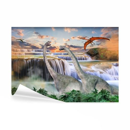 decomonkey Fototapete Dinosaurier, 350x256 cm, Moderne Wasserfall Tiere | Grün, Blau, Vlies, Schlafzimmer, Wohnzimmer, Büro, Flur, Kinderzimmer, Tapete, Fototapeten, Tapeten, Vliestapete, Wandtapete