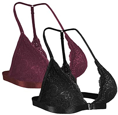SHEKINI BH Damen Spitzen BH ohne Bügel Verschluss vorne Triangel Bralette Damen Spitze Bustier Sexy Rückenfreie Padded Unterwäsche 2er Pack