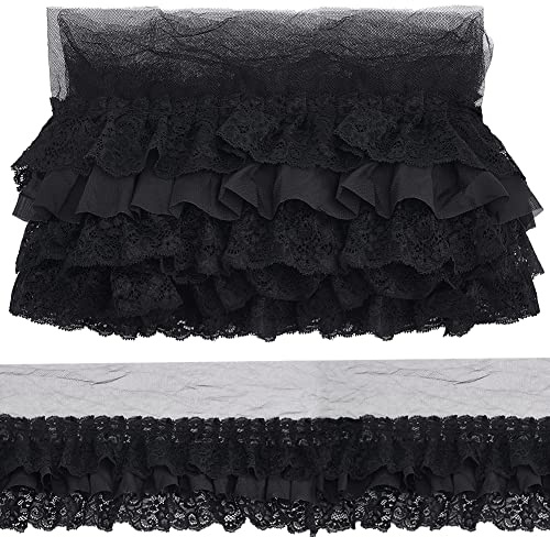 NBEADS 2 Yards plissierte Chiffon Spitze Besatz, schwarze Rüschen Spitze Besatz 3-lagige plissierte Spitze Kante Trim ca. 12cm Breite Polyester Spitze Band zum Nähen Handwerk Hochzeit Brautkleid Dekor