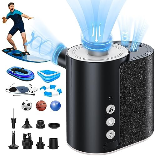 SUPPOU Multifunctional Electric Pump,4000mAh Have Low/High Pressure(20PSI max) Air Pump with Lighting, 8 Nozzles For Balloons, Football, Sup, Swimming Pool, Inflatable Boat, Mattress, etc. (L), Black