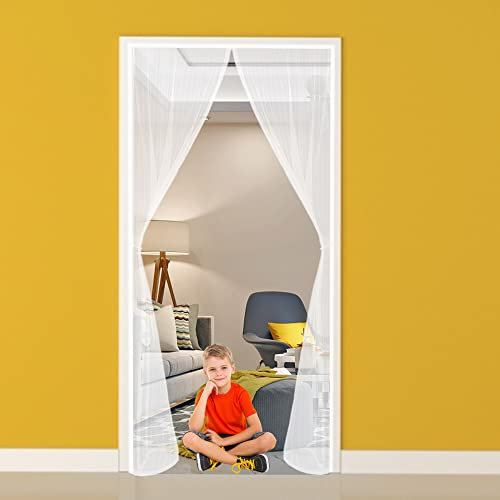 Magnetic Screen Door, 130x210cm Anti Mosquito Door Fly Screen, Top-to-Bottom Seal Automatically, Suit for Bedroom/Balcony/Kitchen(White)