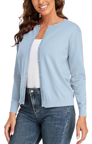 CUNYI Cardigan de Punto para Mujer Rebeca Cuello Redondo Clásico Manga Larga Chaqueta de Mujer con Botones Abrigo Elegante, Azul XXL