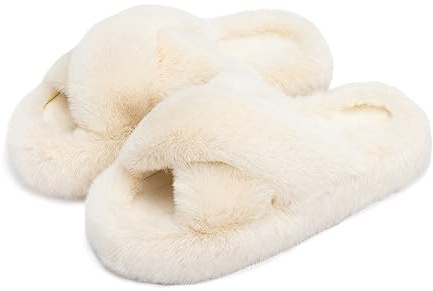 Chantomoo Damtofflor minnesskum hus sovrumstofflor för kvinnor luddig plysch bekväma fuskpälsfodrade glidskor halkfri sula trendiga presenttofflor Kors,Beige 36/37 EU