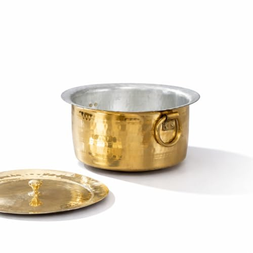 P•TAL Pure Brass Patila Cooking Pot with Lid (3-Quart / 3L) - 100% Authentic Handcrafted Hammered Heavy Bottom Handi | Traditional Indian Tapeli Bhagona Saucepot | 10 x 10 x 5 Inches