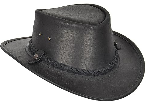 Original Australian Buschhut Echt Leder Cowboy Style Schwarz Braun, Schwarz , L