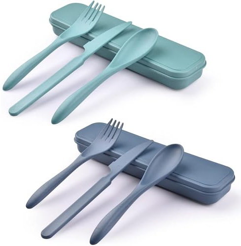 2 Sets Reusable Cutlery Set with Case, Travel Fork Knife Spoon Set, Portable Plastic Cutlery Set for Picnic School Office Lunch (Green,Blue)