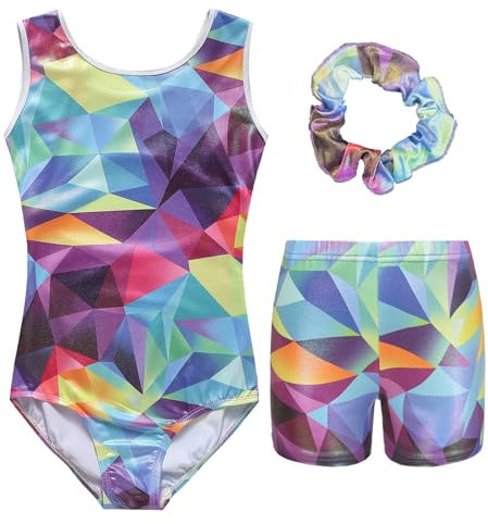 Happy Cherry Kinder Gymnastikanzug Ärmellos Gymnastikbody Shorts Set Glänzende Turnanzug für Mädchen Kunstturnen Bekleidung 7-8 Jahre