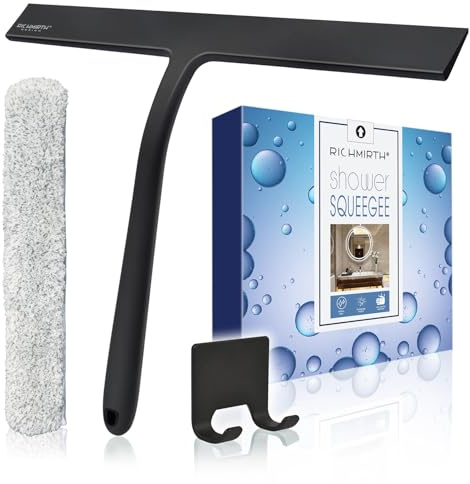 12 Inch Silicone Shower Squeegee for Glass Doors with Microfiber Cloth & Hook, Streak-Free Window Cleaner for Bathroom Mirror Tile Car, No-Scratch Squeegee with Rustproof Metal Core (Black)