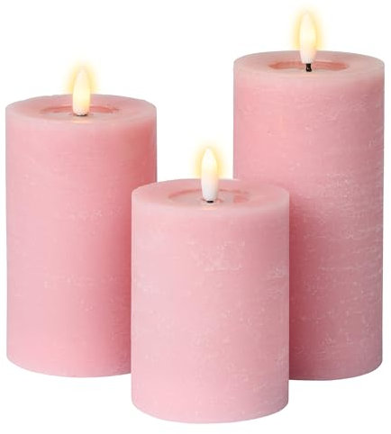 Meisterhome® 3er-Set Flammenlose LED Kerzen - Hellrosa - Rustik Design Stumpenkerze - mit Fernbedienung – mit Timer - Batteriebetrieben – Warmweiß - 10/12,5/15 cm hoch - mit flackernder Flamme