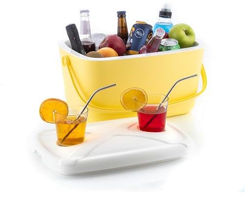 InnovaGoods® Nevera portatil 15L, Nevera Playa con Tapa Multiuso x2 portavasos, Nevera portátil con Diseño Vintage, Cesta Picnic Ideal para Camping, picnics, jardín, Playa, Piscina. Amarillo