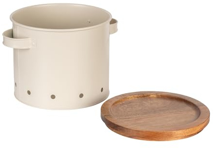 WENKO Aria 54047100 förvaringsburk 3,8 liter, metallburk med akaciaträlock, luftgenomsläpplig, Ø 18 x 16,5 cm, beige, pulverlackerad metall, gräddvit