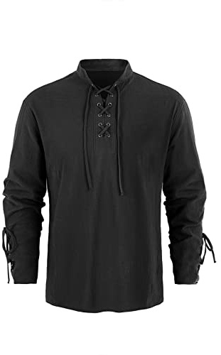 Runcati Mittelalter Herren Hemd Steampunk Piraten Kostüm Viking Schnürhemd Viktorian Renaissance Stehkragen Cosplay Tops