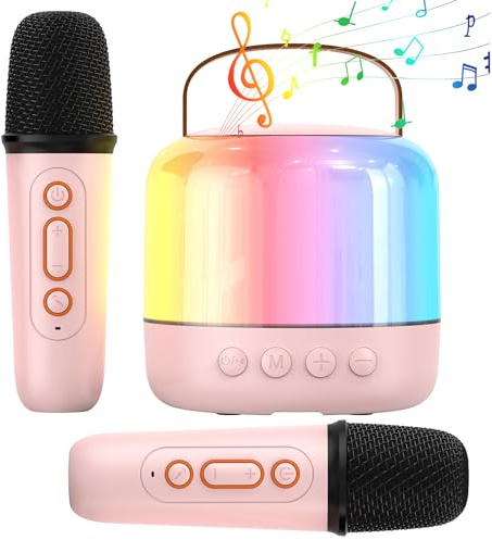 Mini máquina de karaoke para niños y adultos: altavoz Bluetooth portátil con 2 micrófonos inalámbricos, mini juguete de karaoke, regalos para niños y niñas, fiesta de cumpleaños fiesta en casa (rosa)