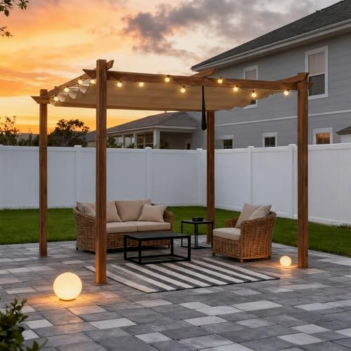PURPLE LEAF Pergola Aluminium 3 x 3 m avec Éclairage Extérieur Intégré, Pergola Jardin Extérieur avec Toit de Protection, Tonnelle Finition Teck, Toile Coulissante Rétractable, Kaki