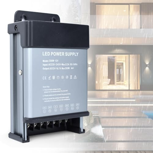 YOODI 12V Netzteil LED Trafo 200W Regenfest IP44 LED Transformator 230V auf 12V 16,7A LED Driver Power Supply Ultra Dünn LED Treiber Schaltnetzteil 12V Niedervolttrafo für LED Lampen, LED Strips
