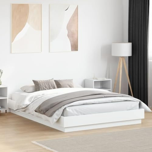 Faroom Holzbett Futonbett Bett 120 x 200 cm mit LED-Beleuchtung Bettrahmen Holzwerkstoff Einzelbett Doppelbett Bettgestell Weiß