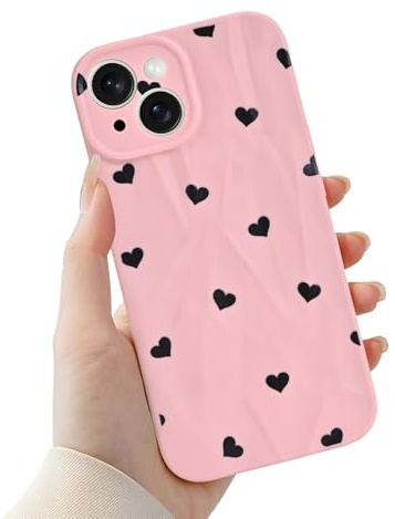Newseego Custodia Compatibile con iPhone 15, Cuore Nero Simpatico Amore Tinfoil Texture Ragazze Donne Morbido TPU Profilo Sottile Cover Antiscivolo Antiurto per iPhone 15-Rosa