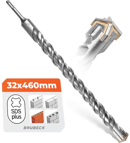 BAUBECK Broca SDS Plus de 32 mm x 460 mm de largo para hormigón y piedra, acero 40CR premium, duradero, 4 brocas para piedra de 32 mm para mejores resultados, broca SDS Plus de 32 mm, broca SDS de 32
