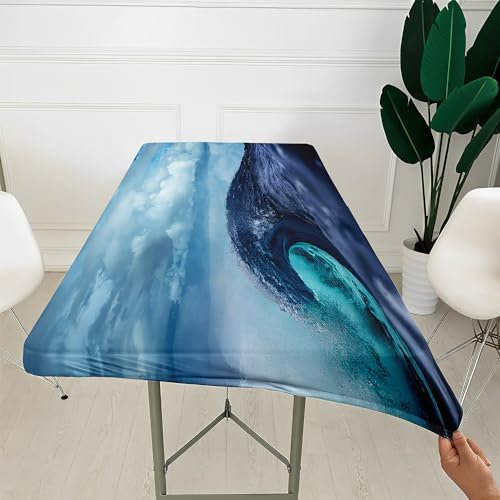 Morbuy Rechteckige Drucken Elastische Tischdecke, Rechteckig Tischdecke mit Gummizug Spanntischdecke Gartentischdecke für Outdoor Picknick Camping Partys (8FT=244x76cm,Wellen)