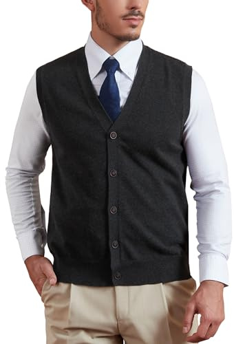 Kallspin Men’s 100% Cotton Sweater Vest V Neck Button Front Sleeveless Cardigan Smart Casual Knit Gilet Jumper(Charcoal, L)