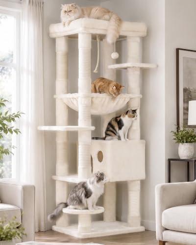 Heybly Katträd För Stora Katter 20 Lbs Heavy Duty 60 Tum XXL Kattorn För Inomhuskatter Möblerad Lägenhet Med Flera Nivåer Med Stor Vadderad Plysch Sittpinne, Beige HCT050M