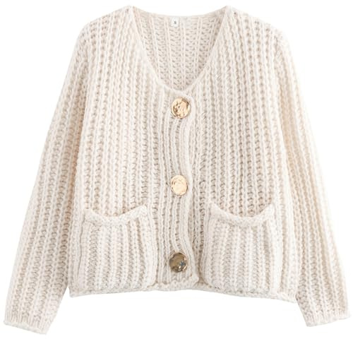 Arssm Womens Cropped Cardigan Sweaters Chunky Open Front Button Down Knit Sweater Long Sleeve Loose Cardigan Outerwear(Beige-M)