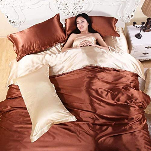 Luxuriöses Bettwäsche-Set aus Satin-Seide, Doppelbett-Bettwäsche-Set mit Bettdecken für Super-King-Size-Bett, glatt und weich, elegantes Heimtextil in Braun, 5-teiliges Familien-Suite