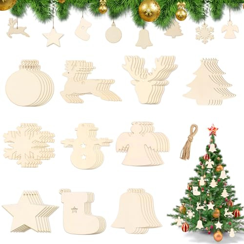 60 Stück Wooden Christmas Tree Decorations, DIY Christmas Tree Decorations, Christmas Decoration Craft Set, Christmas Tree Wooden Pendants, Holz Christbaumschmuck, Weihnachtsdeko Selber Basteln