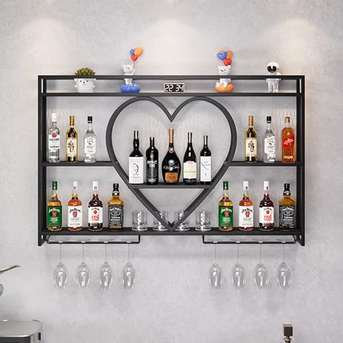 Weinregal Wand Metall Flaschenregal Schmal Wine Rack Weinschrank Barschrank mit Weinglashalter Weinständer Weinflaschenhalter Getränke Regal Mini Bar Vitrine Hängend für Hausbar Wohnzimmer(Nero,140*80