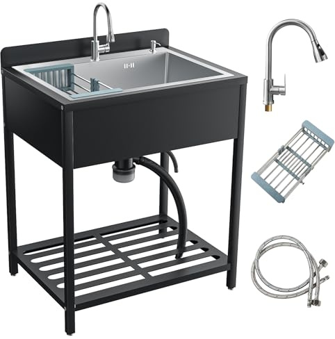 33inch Stainless Steel Freestanding Utility Sink with Cold and Hot Water Faucet, Commercial Kitchen outdoor Sink with Hoses and Drain Kit, Laundry sink For Bathrooms, Garage (Silvery)