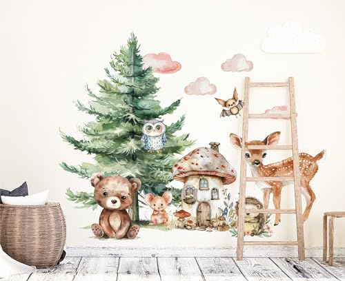 wolga-kreativ Wandtattoo für das Kinderzimmer, Wandsticker selbstklebend – Wald Motive - Waldtiere Bär Hirsch