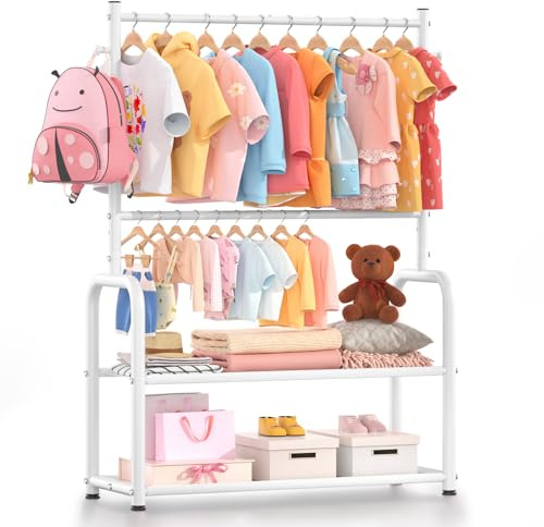 ZHKINGGS Kids Clothing Rack with 2-Layer Storage Shelf and 2 Adjustable Hanging Rods, Dress Up Rack for Hanging Clothes,Dress up Storage for Baby Toddle Kids(Classic, White)