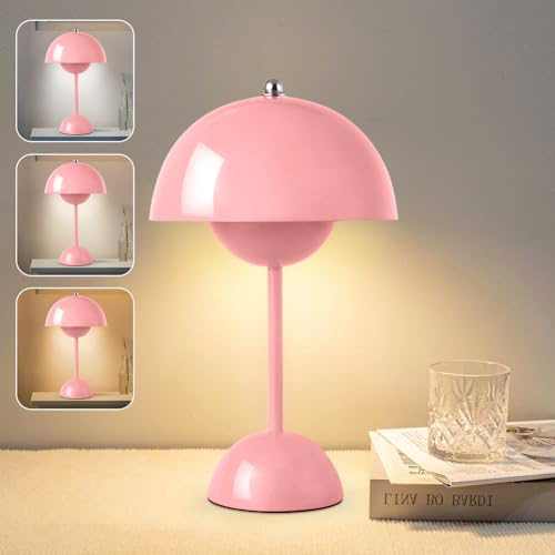 DASIAUTOEM Pilzlampen Tischlampe, LED Akku Tischlampe Kabellos, 3000k-6000k Aufladbar Touch Dimmbar Nachttischlampe mit 3 Helligkeitsmodi, Pilz Lampe für Hochzeit Schlafzimmer Wohnzimmer (Rosa)