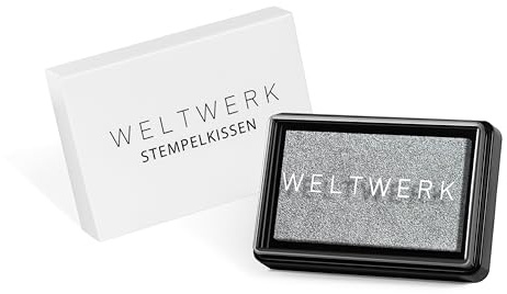 WELTWERK Stempelkissen Silber wiederverwendbar [ungiftig & abwaschbar] – wasserbasiertes Pigmentkissen für Abdrücke – inkl. Bastelideen für Scrapbooking, Hochzeit, Weihnachten & Geschenke